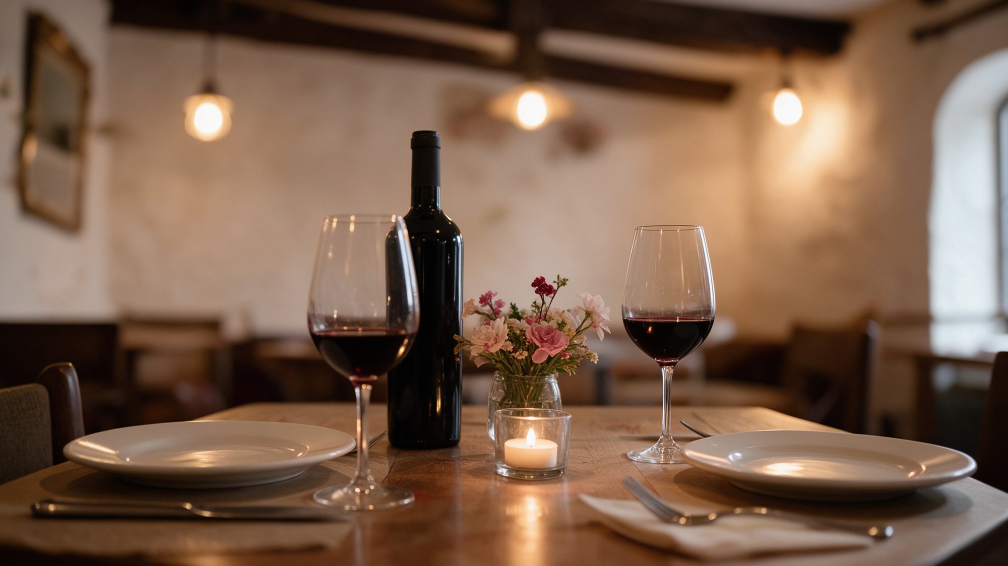 Mesa íntima iluminada con velas en una tapería tradicional con botella de tinto, copas y centro floral
