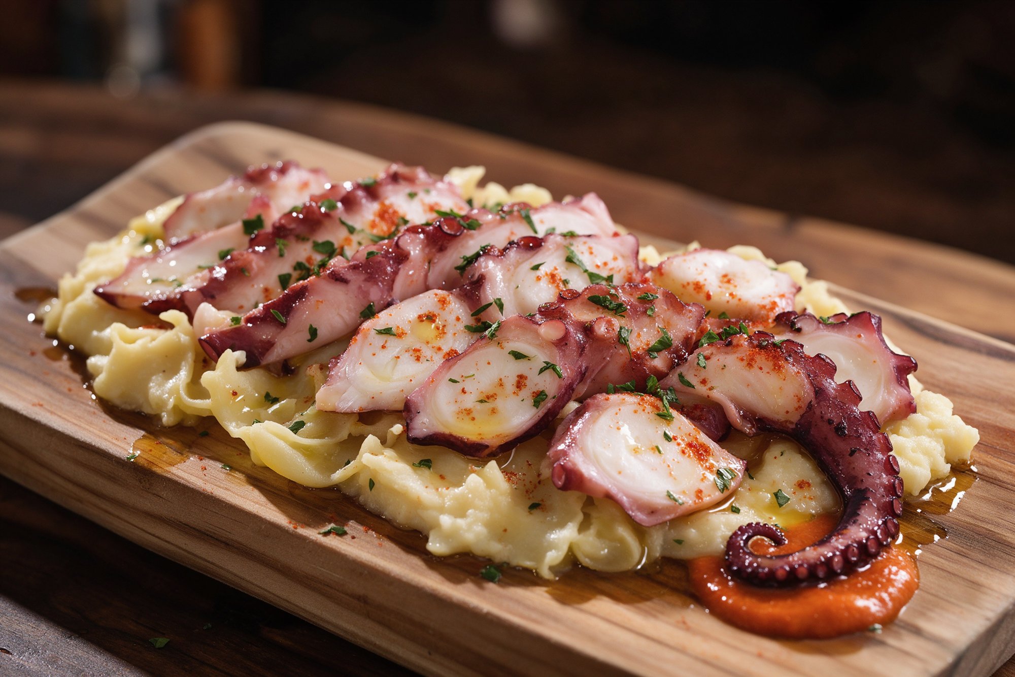Pulpo a la gallega sobre patatas cocidas con pimentón, aceite de oliva y perejil