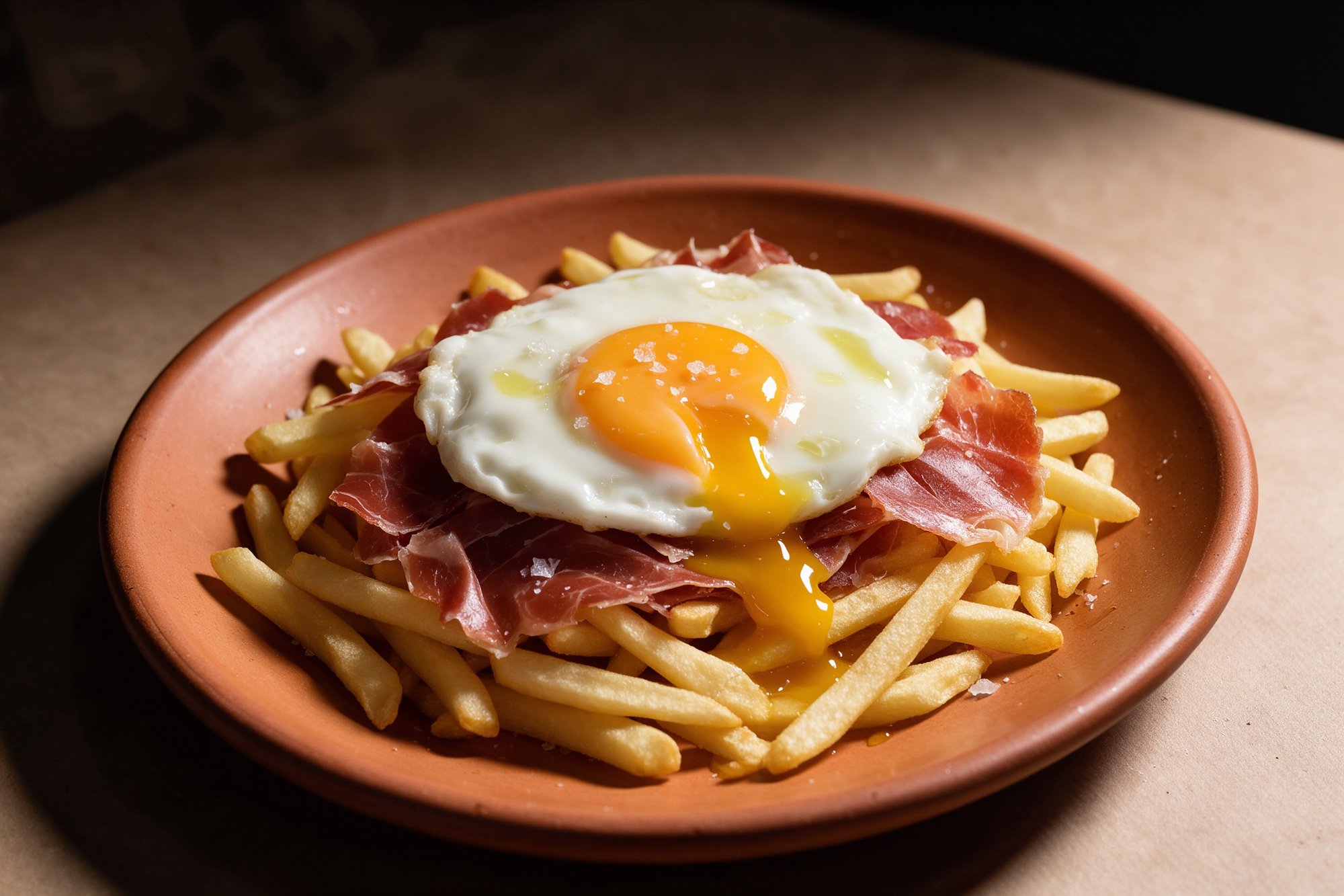 Huevos rotos con jamón ibérico sobre patatas fritas con la yema dorada