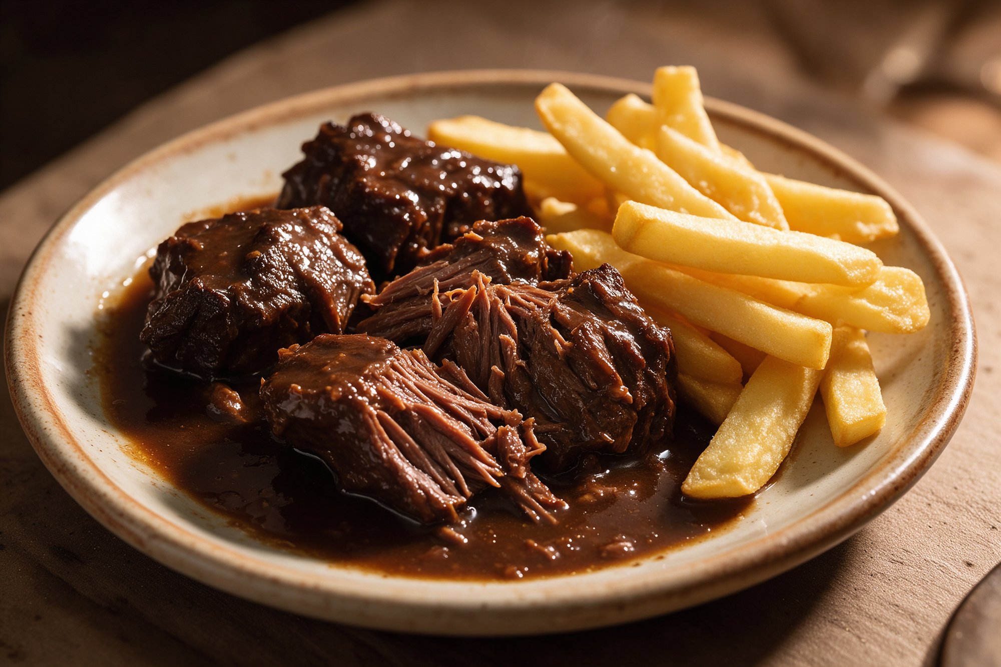 Estofado de ternera en salsa oscura con patatas fritas en plato de cerámica