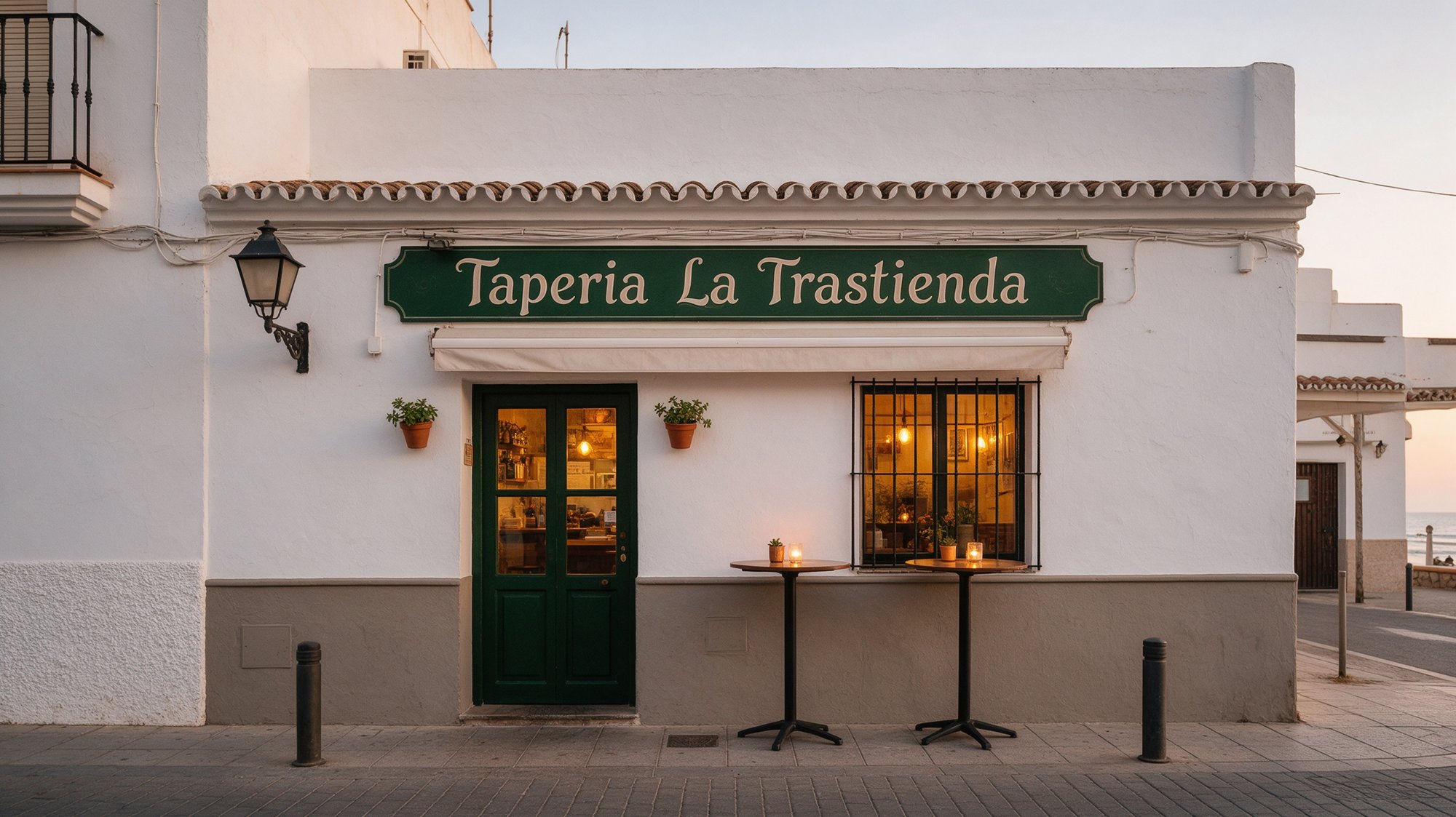 Fachada blanca de tapería andaluza al anochecer con rótulo verde que dice Taperia La Trastienda y puerta de madera iluminada